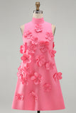 Hot Pink High Neck A-Line Homecoming Dress with 3D Flowers
