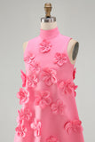 Hot Pink High Neck A-Line Homecoming Dress with 3D Flowers