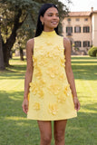 Yellow Round Neck Bodycon Homecoming Dress with 3D Flowers