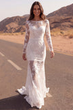 Ivory Mermaid Lace Sheer Long Sleeve Boho Wedding Dress