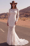 Lace Ivory Mermaid Long Sleeve Sweep Train Boho Wedding Dress