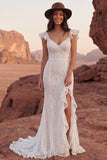 Ivory Lace Mermaid Ruffled Boho Wedding Dress with Slit