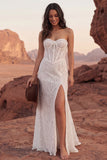 Strapless Lace Ivory Corset Sweep Train Boho Wedding Dress