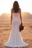 Strapless Lace Ivory Corset Sweep Train Boho Wedding Dress