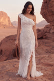 One Shoulder Lace Ivory Mermaid Ruffled Boho Wedding Dress