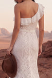 One Shoulder Lace Ivory Mermaid Ruffled Boho Wedding Dress
