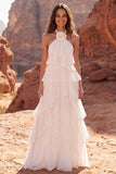 Halter Ruffled Ivory A Line Boho Wedding Dress