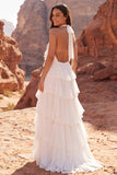 Halter Ruffled Ivory A Line Boho Wedding Dress