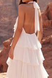 Halter Ruffled Ivory A Line Boho Wedding Dress