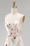Ivory Floral A Line V Neck Wedding Dress