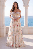 Off the Shoulder Ivory Floral Corset A Line Wedding Dress