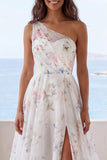 One Shoulder Ivory Printed Floral Mermaid Wedding Dress with Slit