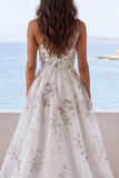 One Shoulder Ivory Printed Floral Mermaid Wedding Dress with Slit
