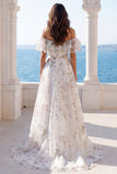 Off the Shoulder Ivory Floral A Line Ruffled Wedding Dress