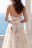 Strapless A Line Ivory Printed Floral Wedding Dress with Chapel Train