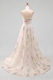 Strapless A Line Ivory Printed Floral Wedding Dress with Chapel Train