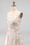 Strapless A Line Ivory Printed Floral Wedding Dress with Chapel Train