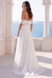 Off the Shoulder Ivory Embroidered FLoral Corset A Line Wedding Dress