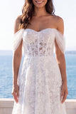 Off the Shoulder Ivory Embroidered FLoral Corset A Line Wedding Dress