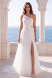 One Shoulder Ivory A Line Cut Out Wedding Dress with Slit