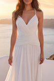 Ivory A Line Ruched V-Neck Sweep Train Beach Wedding Dress with Pearls