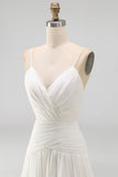 Ivory A Line Ruched V-Neck Sweep Train Beach Wedding Dress with Pearls