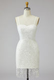 Tight Short Sparkly Ivory Spaghetti Straps Beaded Wedding Dress with Fringes
