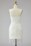 Tight Short Sparkly Ivory Spaghetti Straps Beaded Wedding Dress with Fringes