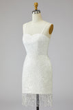 Tight Short Sparkly Ivory Spaghetti Straps Beaded Wedding Dress with Fringes