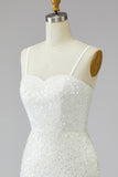 Tight Short Sparkly Ivory Spaghetti Straps Beaded Wedding Dress with Fringes