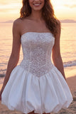 Sparkly Ivory Corset Strapless A Line Short Wedding Dress with Sequins