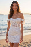 Short Ivory Off the Shoulder Floral Corset Boho Wedding Dress with Bows