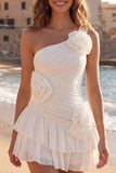 Ruffled One Shoulder Short Ivory Ruched Graduation Dress with 3D Flowers