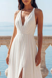 Ivory V-Neck A Line Sweep Train Wedding Dress with Slit