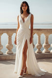 Ivory V-Neck Chiffon Ruched Sweep Train Wedding Dress