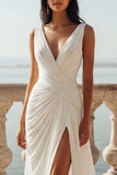 Ivory V-Neck Chiffon Ruched Sweep Train Wedding Dress