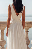 Ivory V-Neck Chiffon Ruched Sweep Train Wedding Dress