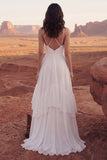 Ivory Spaghetti Straps A Line Ruffled Boho Wedding Dress with Slit