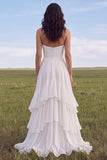Strapless Ivory A Line Ruffled Boho Wedding Dress with Slit