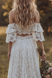 Off The Shoulder Lace Ivory A Line Ruffled 2-piece Boho Wedding Dress