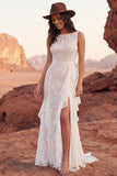 Lace Ivory Boat Neck Mermaid Ruffled Boho Wedding Dress with Slit