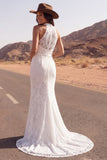 Ivory High Neck Lace Mermaid Boho Wedding Dress