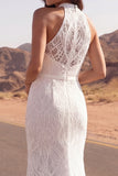 Ivory High Neck Lace Mermaid Boho Wedding Dress