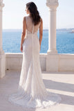 Lace Mermaid Illusion Neck Ivory Sweep Train Wedding Dress
