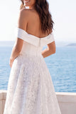 Off The Shoulder Ivory Lace A Line Sweep Train Wedding Dress