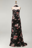 Black Mermaid Sweetheart Floral Ruched Chiffon Long Formal Dress with Slit