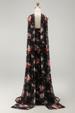 Black Mermaid Sweetheart Floral Ruched Chiffon Long Formal Dress with Slit