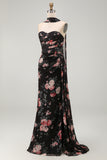 Black Mermaid Sweetheart Floral Ruched Chiffon Long Formal Dress with Slit