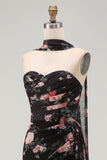 Black Mermaid Sweetheart Floral Ruched Chiffon Long Formal Dress with Slit