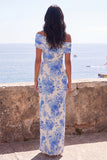 Blue Flower Mermaid Off the Shoulder Maxi Dress with Slit
